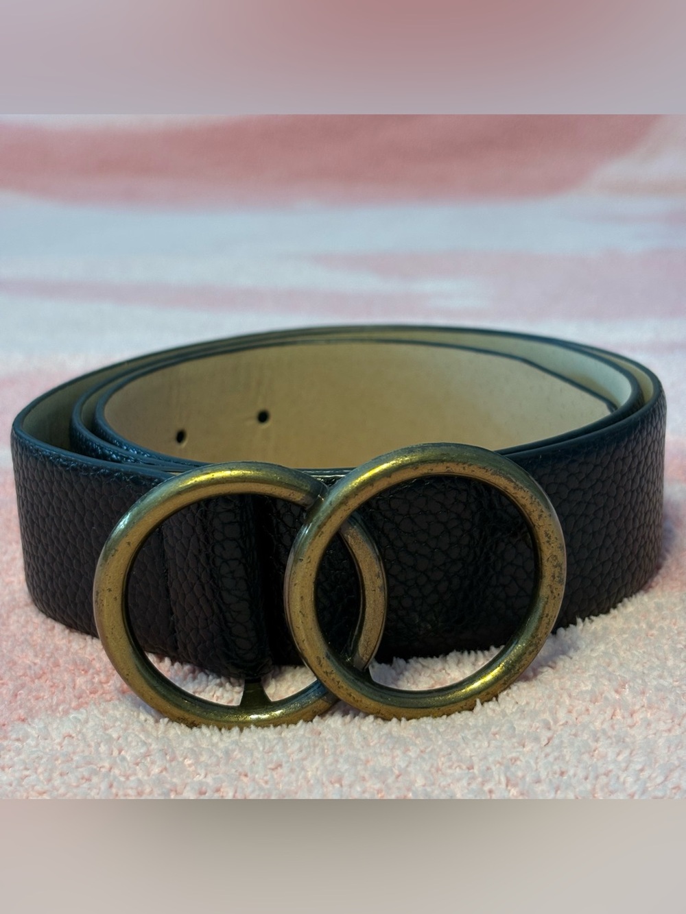 Black Leather Belt with Antiqued Double-Ring Buckle